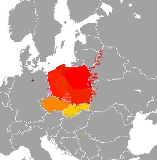 Distribución de los idiomas eslavos occidentales. El grupo lequítico (que incluye el polaco) se habla mayormente en Polonia y partes de Bielorusia, el continuo del chechoslovako en Chequia y Eslovaquia, y el sorabo unas partes muy pequeñas en el este de Alemania, cerca de Polonia y Chequia.