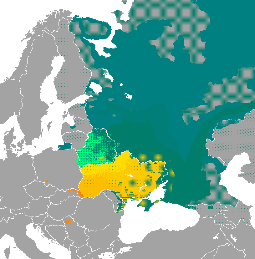 Distribución de los idiomas eslavos orientales. El ruso se habla en Rusia, Crimea y mucho del este y el sur de Ucrania, una franja (Transnistria) en el este de Moldavia, la mayoría de Bielorusia, también en el este, y en algunas partes de Letonia y Estonia. El ucraniano se habla en Ucrania, más en el oeste, y el bielorruso parcialmente en el este de Bieolrusia. El rusino se habla un poco entre las fronteras de Ucrania, Hungría y Polonia, y un poquísimo en Bosnia y Herzegovina.