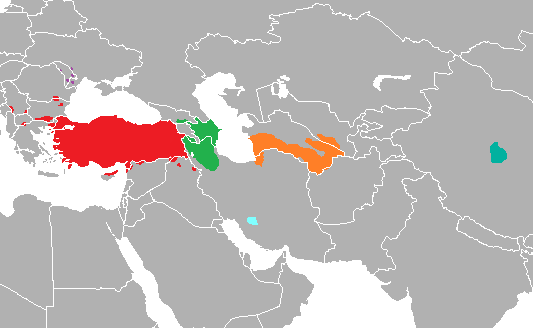 Distribución de idiomas Oghuz. El turco común se habla en Turquía y pequeñas partes de sus vecinos occidentales y sureños (incluye el norte Chipre). El azerí se habla en Azerbaiyán, el norte de Irán y una franja sureña de Georgia. El gagaúzo se habla en partes de Moldavia y Ucrania.