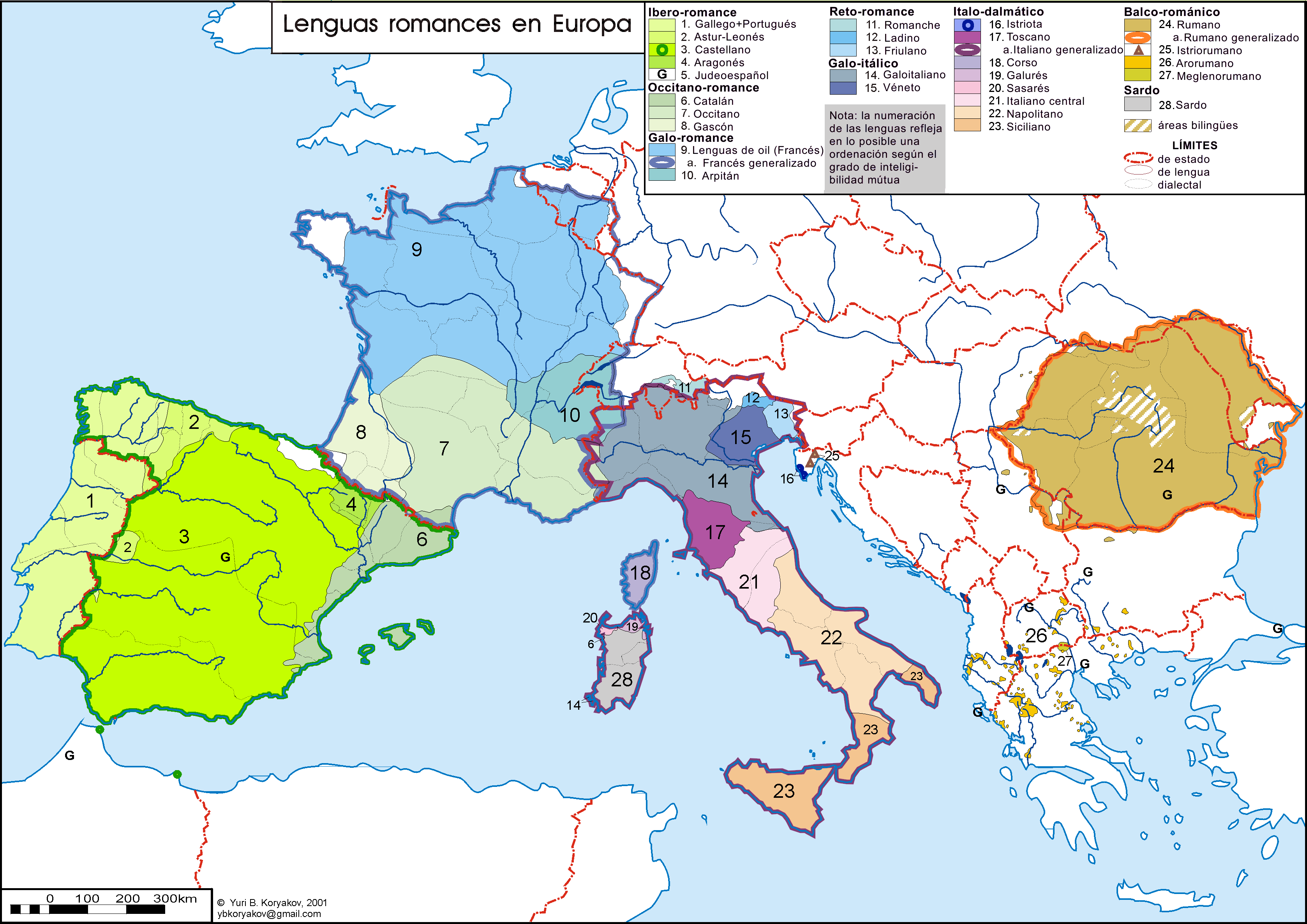 Distribución de idiomas romances. Se divide en 8 grupos, ordenado según su grado de inteligibilidad mútua: ibero-romance (Ibérica), occitano-romance (sur de Francia y este de España), galo-romance (norte-centro de Francia), reto-romance (pequeñas partes del sur de Suiza/este de Italia), galo-itálico (norte de Italia), italo-dalmático (centro-sur de Italia, incluye Córsica), balco-románico (principalmente Rumanía, Moldavia y algunos sitios en vecinos), y sardo (Sardinia)