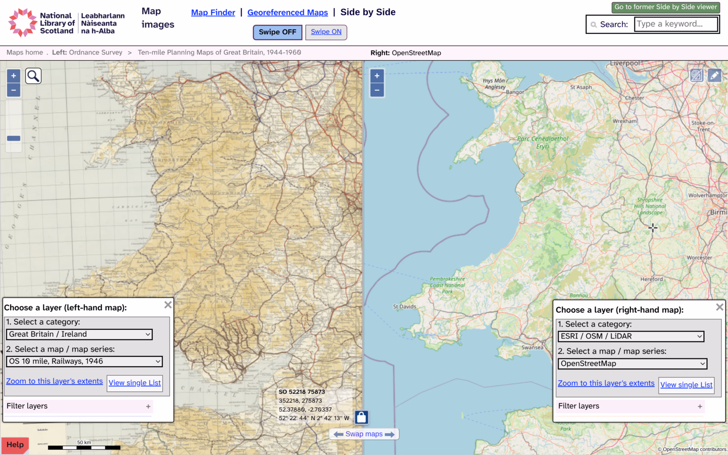 National Library of Scotland's side by side viewer, comparing OS 10 mile, Railways, 1946 with OpenStreetMap for Wales. The 1946 map clearly shows more railways which don't exist now, covering much larger portions of the country.