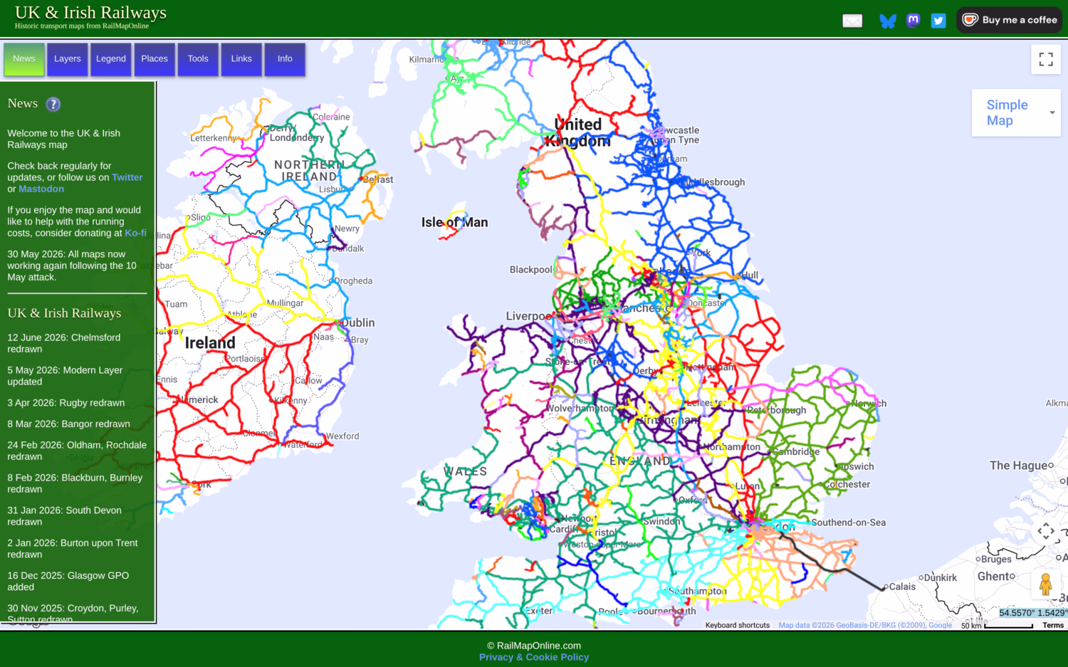 RailMapOnline UK & Irish Railways, showing all previous and current railways. They're coloured by the original operator who ran the route, and the map is really densely covered compared to modern maps, with loads of colours.