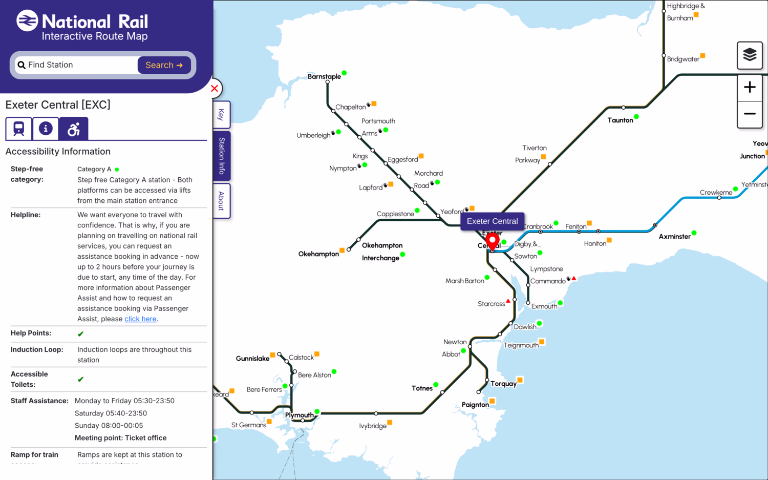 Screenshot of the National Rail Station and Accessibility Info showing Devon. Stations with category A step-free access are in green, B in orange, and C in red. On the left is the station accessibility info panel, which includes more details about this.