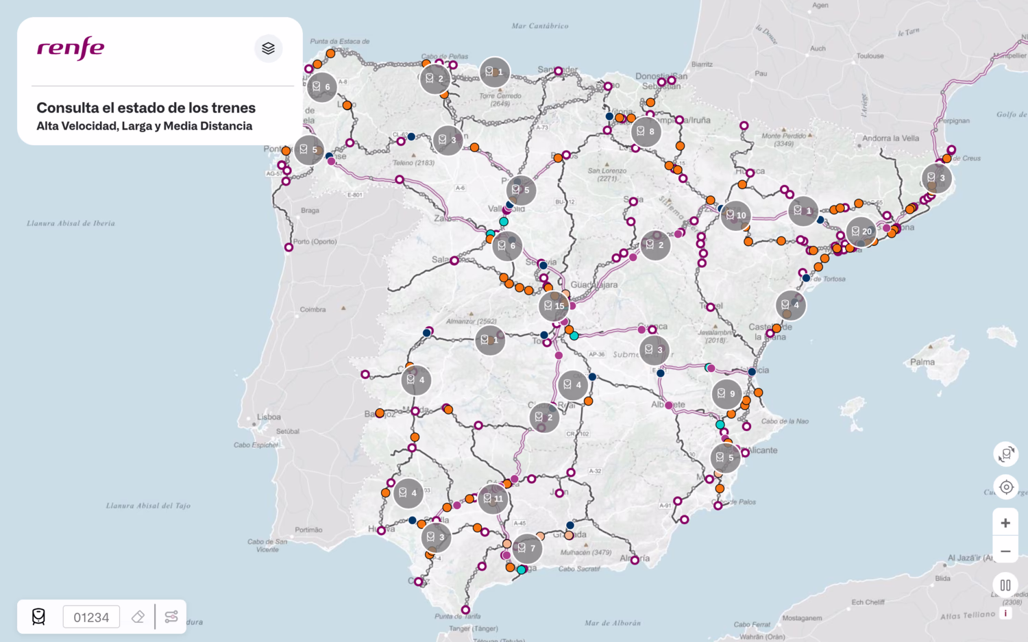 Renfe Tiempo Real Largo Recorrido showing Spain and live long-distance trains and routes. Colours show which type of journey it is, such as high-speed, or medium distance/regional. When zoomed out trains in busy areas are grouped together in a circle with a number representing how many there are.