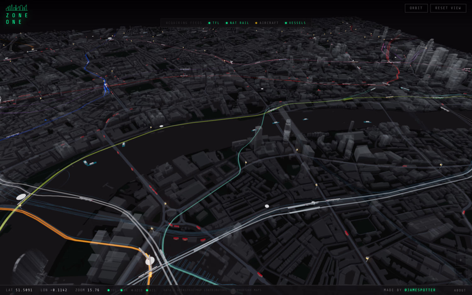 Zone One from Waterloo area looking North over a 3D view of Central London. Train lines are highlighted, alongside live trains with their line colour, red buses, and light blue boats.