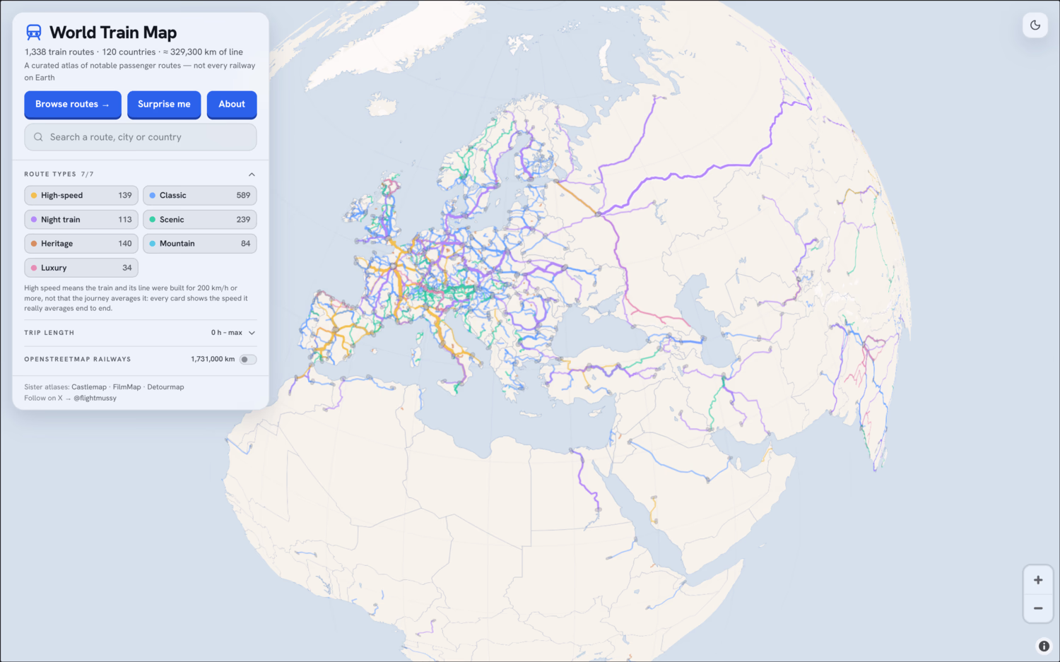World Train Map showing Europe, West Asia and most of Africa. All 7 route types are shown in different colours: high-speed, classic, night train, scenic, heritage, mountain, and luxury. There's also a button to filter by trip length, and to show OpenStreetMap railways which aren't covered by this map.